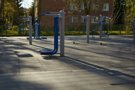 Horizontal shot of empty street exercise machines in a public place. The concept of ban on walking.の写真素材
