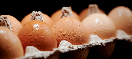 Horizontal shot of wet chicken eggs close up in protective egg container on black background....
