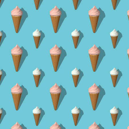 Seamless pattern of pink and white ice creams isolated on blue background. Many pink and white ice...