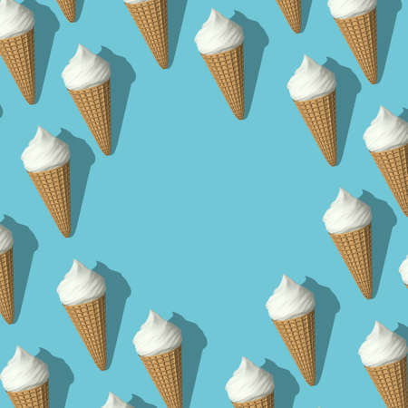 Seamless pattern of white ice creams isolated on blue background. 3D illustration with copy space....