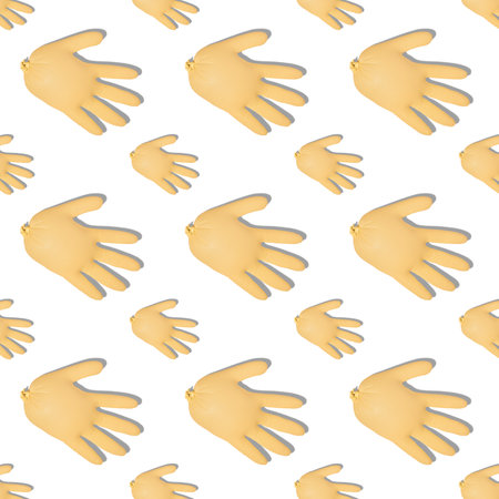Seamless pattern with inflated yellow medical gloves on white background. Prevention and protection of coronavirus, covid-19. Healthcare concept. Abstract background.の写真素材