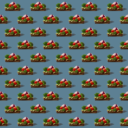 Square seamless pattern vegetables on round wooden board isolated on gray background.の写真素材