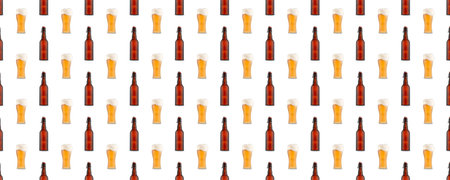 Seamless pattern of large beer glass full of beer with foam and bottles on white background.の写真素材