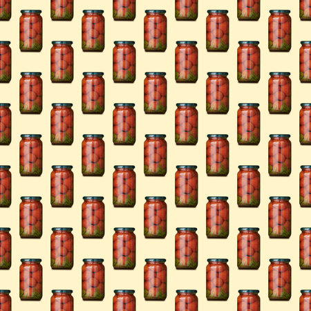 Seamless pattern of glass jars with canned tomatoes is isolated on yellow background.の写真素材