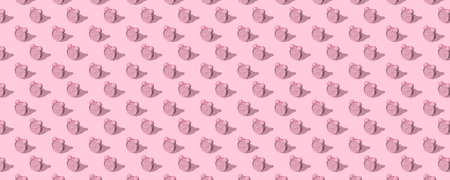Horizontal illustration of pink alarm clocks with shadow on pink background. set. seamless texture pattern. 3D illustration.の写真素材