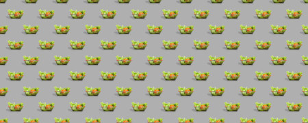Horizontal banner of seamless pattern of vegetables in a metal shopping carts. Seamless pattern of shopping baskets isolated on gray background.の写真素材