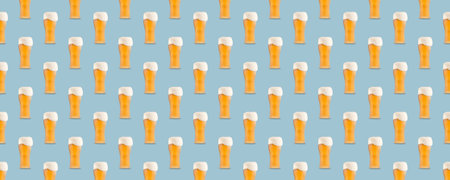 Horizontal banner of seamless pattern of large beer glass full of beer with foam on blue background.の写真素材