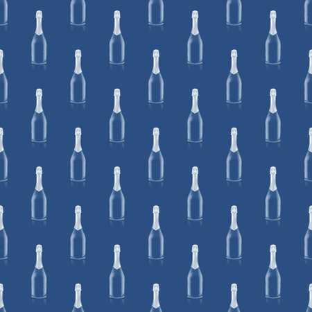 Square seamless pattern of blue wine bottles with silver top on blue background.の写真素材