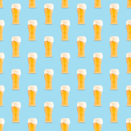 Square seamless pattern of large beer glass full of beer with foam on blue background.の写真素材