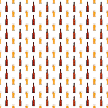 Square seamless pattern of large beer glass full of beer with foam and bottles on white background.の写真素材