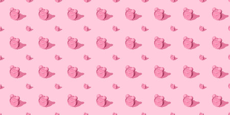 Horizontal illustration of pink alarm clocks big and small with shadow on pink background. set. seamless texture pattern. 3D illustration.の写真素材