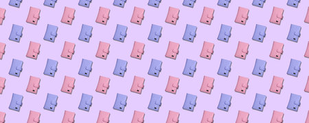 Horizontal banner of seamless pattern of pink and blue women's fashion wallets on light purple background.の写真素材