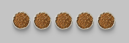 Horizontal pattern of buckwheat bags are isolated on a gray background. top viewの写真素材