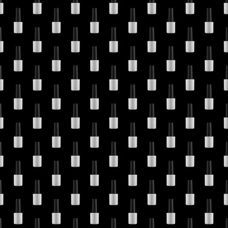Square seamless pattern with bottles of nail polish on black background. White bottles on black background.の写真素材
