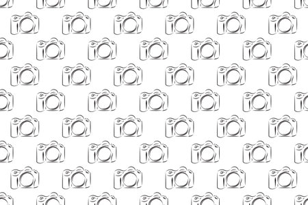 Horizontal seamless pattern with photo equipment. Illustration background with silhouette icons for photographic theme.の写真素材