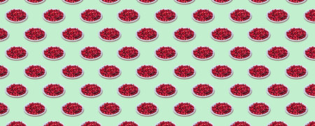 Horizontal seamless pattern of plates with cranberries isolated on a light green background.