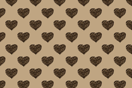 Horizontal seamless pattern of Hearts isolated on gray background. The concept of love. Coffee beans...