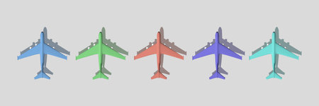 Horizontal banner of multi-colored planes 3d render on gray background.