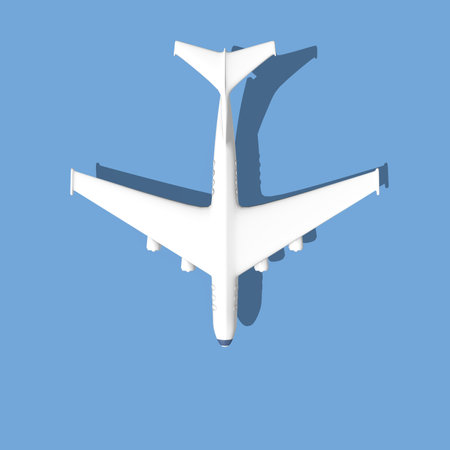Square illustration of white 3d plane render with a shadow on a blue background. heading south.の写真素材