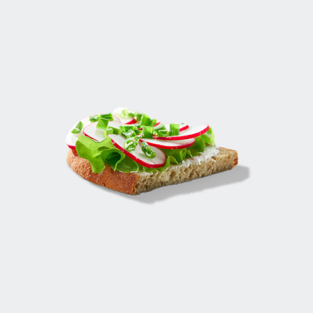 Horizontal shot of sandwich with cottage cheese, radish, green onions and lettuce isolated on a white background.の写真素材