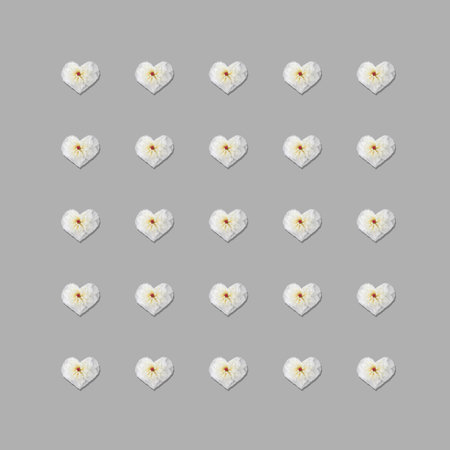 Square pattern of heart shape made of peony flowers isolated on gray background.