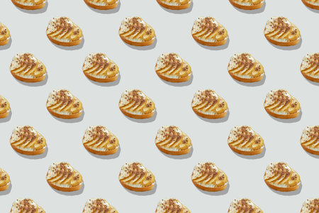 Horizontal seamless pattern of breads with soft cheese, pieces of pear sprinkled with chocolate...