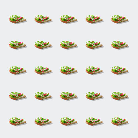 Square pattern of sandwiches with cottage cheese, radish, green onions and lettuce isolated on a white background.の写真素材