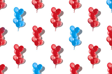 Horizontal seamless pattern of many blue and red balloons isolated on white background. Holidays and love concept. Happy Birthday and Anniversary.の写真素材