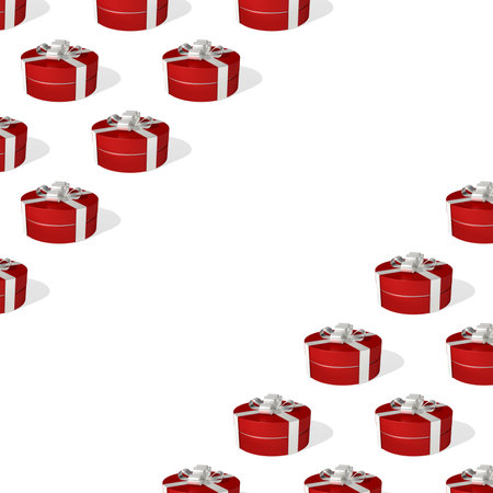 Square seamless pattern of red gift boxes 3d render on white background. Christmas and New Year background with gift boxes. Photo with copy space.の写真素材