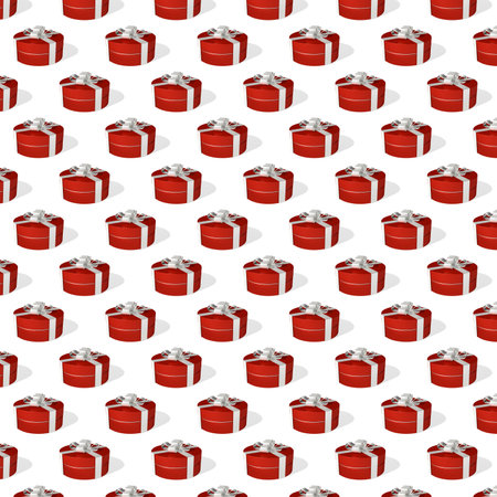 Square seamless pattern of red gift boxes 3d render on white background. Christmas and New Year background with gift boxes. Happy Birthday and Anniversary.の写真素材