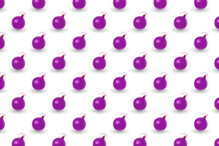 Horizontal seamless pattern of 3d render Christmas purple pink balls isolated on a white background.の写真素材