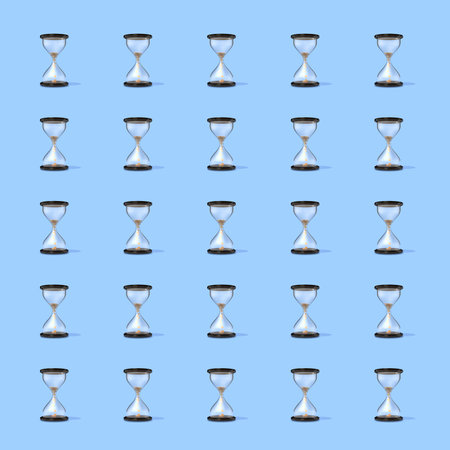 Square pattern of 3d render hourglass with coins isolated on a white background. Glass clock, finance success, patience, business capital increasing Realistic 3d render.の写真素材
