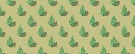 Horizontal banner of seamless pattern of multicolored fern branches with a shadow is isolated on...
