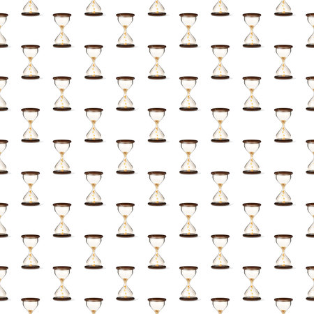 Square seamless pattern of 3d render hourglass with coins isolated on a white background. Glass clock, finance success, patience, business capital increasing Realistic 3d render.の写真素材