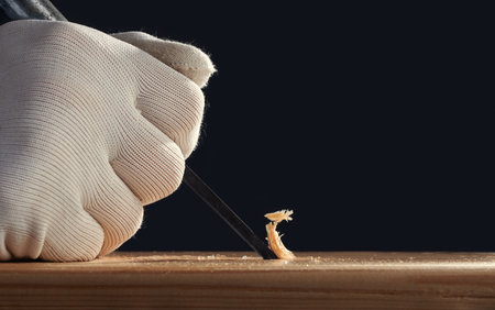 Professional carpenter at work. He is carving wood using a woodworking tools. Glove sleeve with...