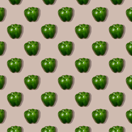 Square seamless pattern of bulgarian green pepper on beige background. paprika wallpaper, sweet pepper print pattern.の写真素材