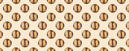 Horizontal seamless pattern of zucchini in batter, fried and baked on a wooden round board isolated on beige background.の写真素材