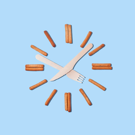 Square shot of clock with hands for a fork and knife, cookies in the form of numbers. Concept of intermittent fasting, lunchtime, diet and weight loss.の写真素材