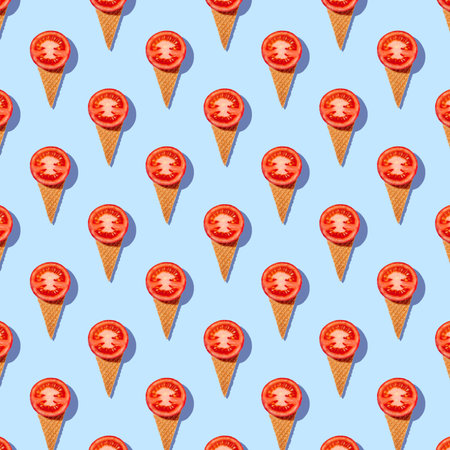 Square seamless pattern of stylish mockup with tomato in an ice cream waffle cone on a pastel blue background. creative healthy food concept. copy space.の写真素材