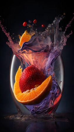 Fruit splashing into a glass with orange and strawberry on dark backgroundの素材