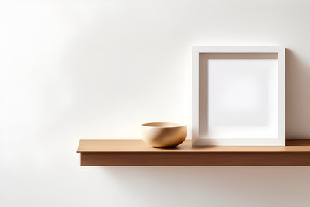 White frame on a shelf with a wooden bowl. 3d renderingの素材