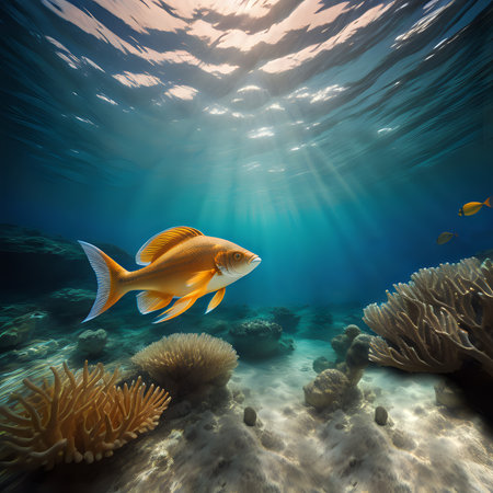 Underwater view of coral reef with tropical fish. 3d renderの素材