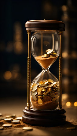 Time is money concept. Hourglass with gold coins on brown backgroundの素材