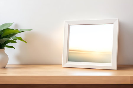 Blank picture frame on wood table and white wall background, 3D renderingの素材