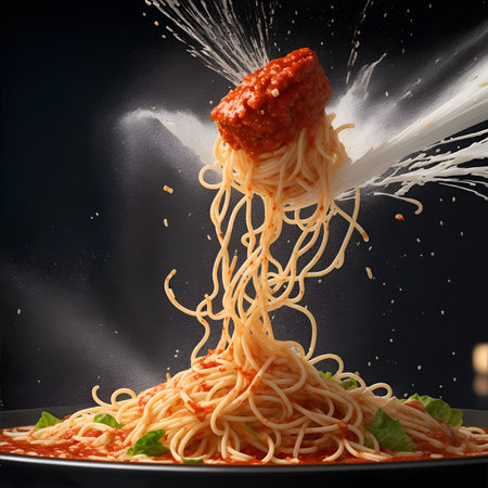 Spaghetti with tomato sauce and splashing water on black background.の素材