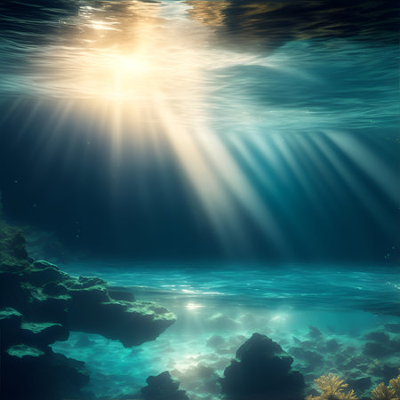 Underwater landscape with sunbeams and clouds. 3d renderの素材