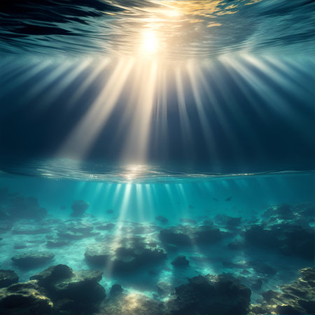 Underwater scene with sun rays breaking through clouds and sea surface.の素材