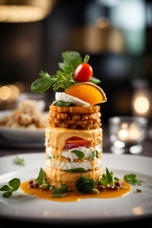 Gastronomic Delight: Superbly Presented Diet Dish in Perfect Lighting at a Restaurantの素材