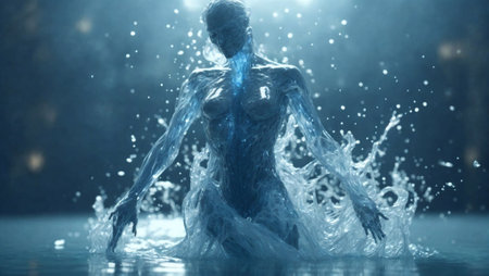3d illustration of a female figure made of water splashes over dark backgroundの素材
