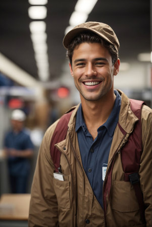 Smiling Postal Worker in Uniform Standing in Front of a Post Officeの素材